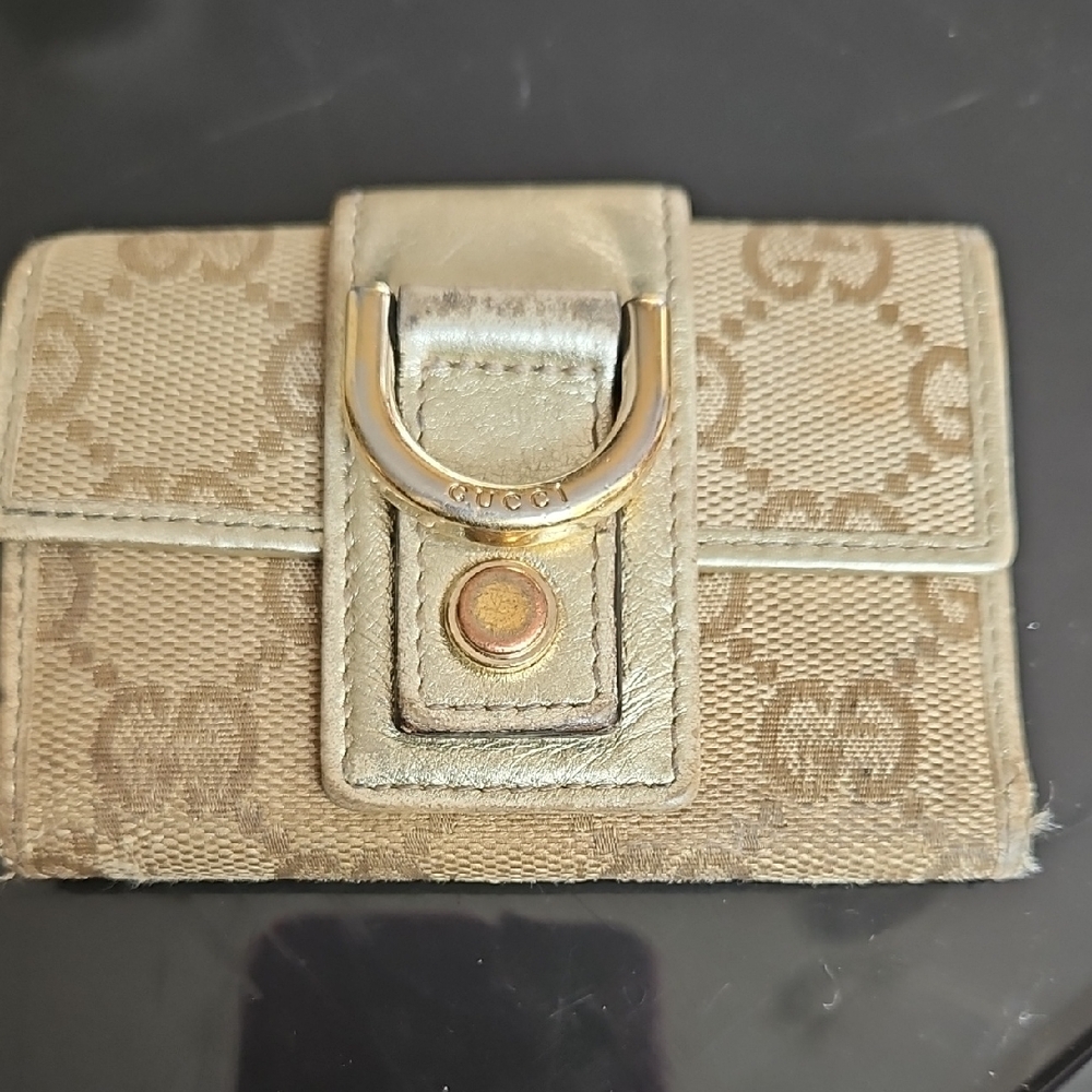Gucci Beige Monogram Wallet with Gold Accent